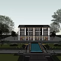 Modern Townhouse Exterior Design Featuring Large Glass Windows And Water Reflection