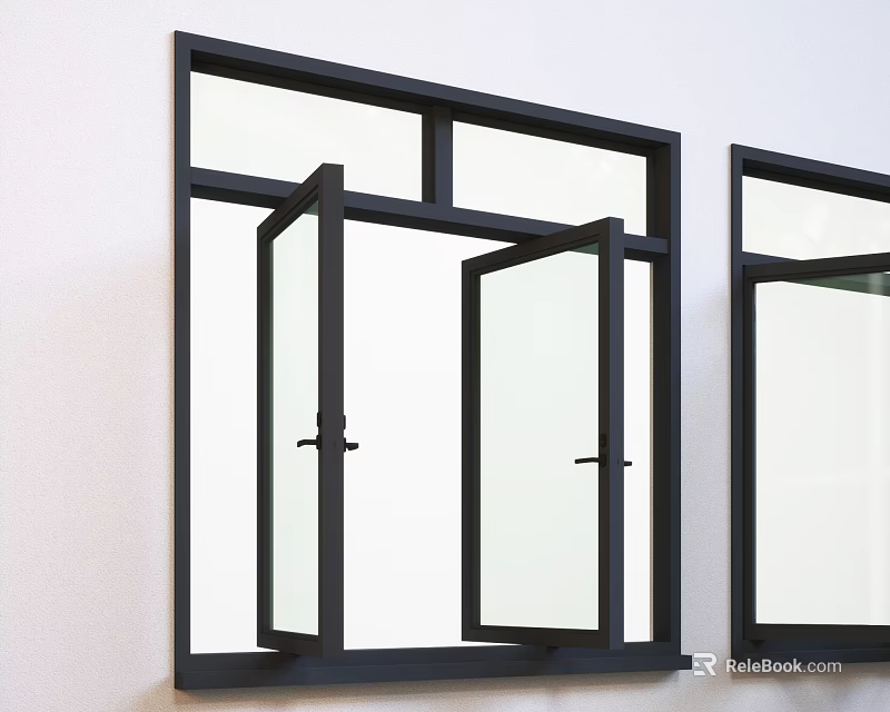 Black Frame Windows With Open Casement And Glass Panes On White Wall 3d model 