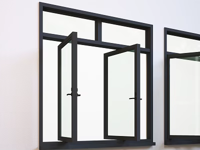 Black Frame Windows With Open Casement And Glass Panes On White Wall 3d model