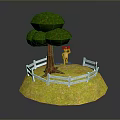 Tree With Green Canopy Brown Trunk And Small Figure In White Fence Yellow Grassy Area