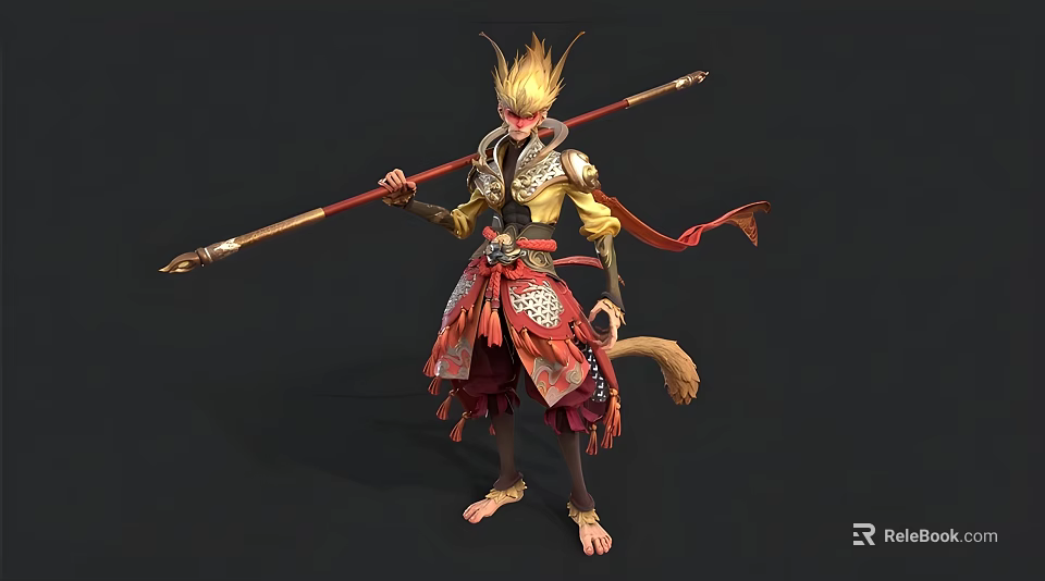 Mythical Man With Golden Crown Holding Long Staff In Red And Gold Outfit With Tail 3d model 