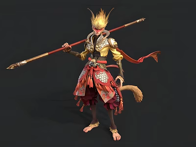 Mythical Man With Golden Crown Holding Long Staff In Red And Gold Outfit With Tail 3d model