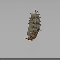 Vintage Sailing Ship Model With Wooden Hull And Multiple Canvas Sails