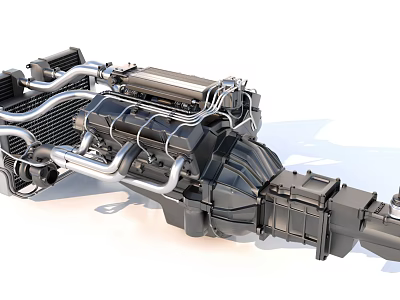 Detailed Complex Mechanical Engine Structure with Pipes Radiator and Cylinders 3d model