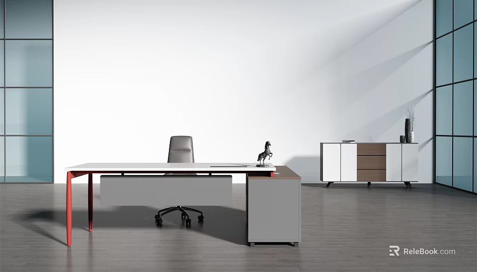 Modern Office Desk With White Tabletop Red Legs And Gray Chair Near Cabinet 3d model 