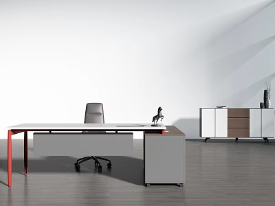 Modern Office Desk With White Tabletop Red Legs And Gray Chair Near Cabinet 3d model