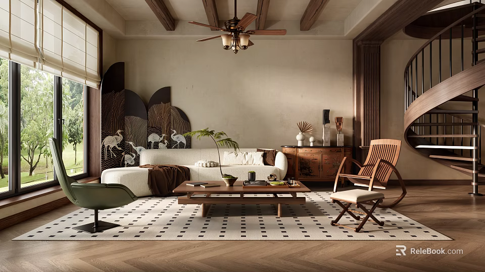 Spacious Duplex Living Room With Wooden Ceiling Beams Ceiling Fan Sofa Coffee Table And Staircase 3d model 