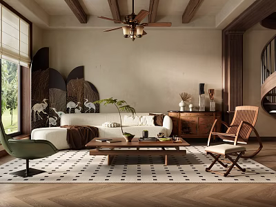 Spacious Duplex Living Room With Wooden Ceiling Beams Ceiling Fan Sofa Coffee Table And Staircase 3d model