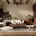 Spacious Duplex Living Room With Wooden Ceiling Beams Ceiling Fan Sofa Coffee Table And Staircase