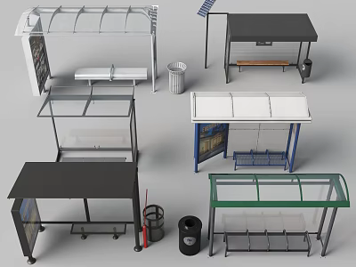 Bus Stop Shelter Components With Various Roof Designs Seats And Trash Bins 3d model