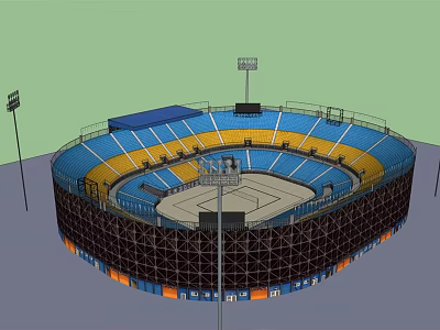 Sports Stadium Design With Blue Yellow Stands Floodlights And Central Court 3d model