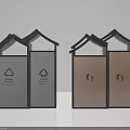 Dual Compartment Public Trash Bins With Recycling Signs And Waste Disposal Icons