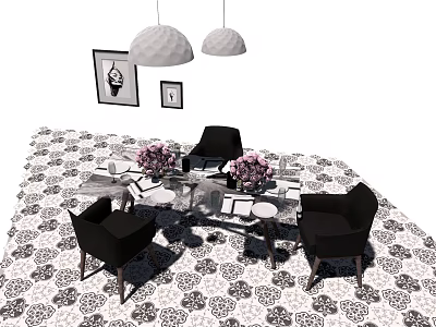 Modern Dining Table Set With Black Chairs Pendant Lights Wall Art And Flower Vases 3d model