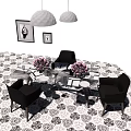 Modern Dining Table Set With Black Chairs Pendant Lights Wall Art And Flower Vases