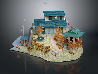 Colorful Cartoon Scene With Blue Roof House Courtyard Orange Trees Round Pond Path And Gazebo 3d model