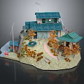 Colorful Cartoon Scene With Blue Roof House Courtyard Orange Trees Round Pond Path And Gazebo