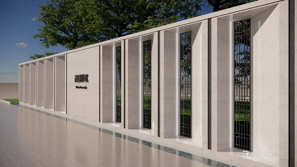 Modern Stone Feature Wall With Vertical Columns Metal Grilles And Green Trees Water Pool 3d model 