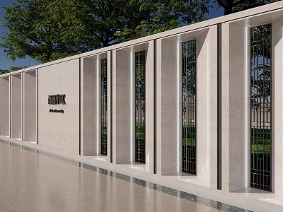 Modern Stone Feature Wall With Vertical Columns Metal Grilles And Green Trees Water Pool 3d model