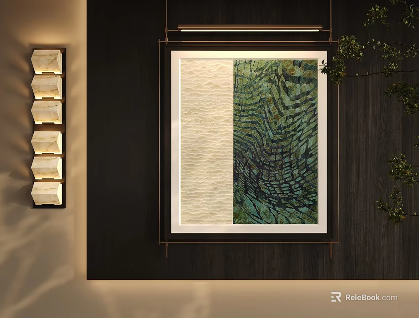 Abstract Painting On Dark Wall With Modern Lighting And Green Plant Decor 3d model 