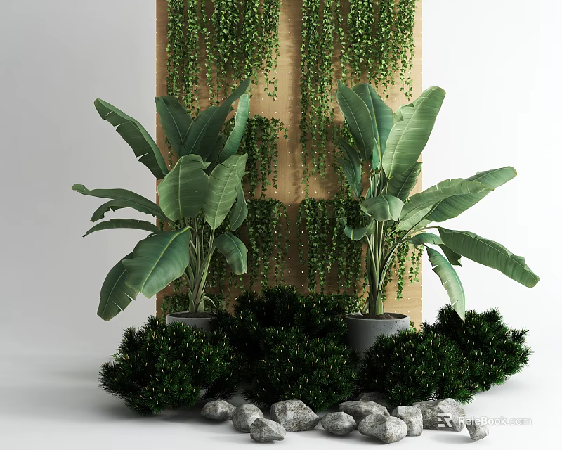 Lush Green Shrubs With Potted Plants And Stones In Outdoor Garden 3d model 