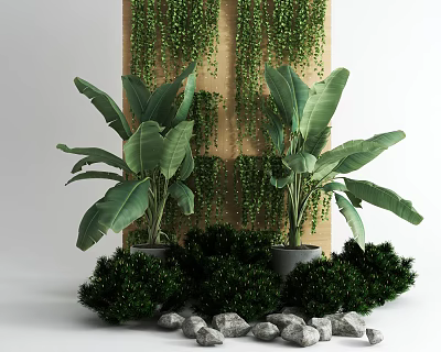 Lush Green Shrubs With Potted Plants And Stones In Outdoor Garden 3d model