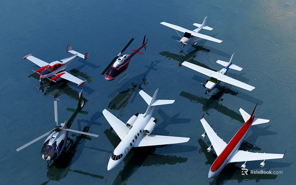Passenger Plane Among Multiple Aircraft and Helicopters Parked on Water Surface 3d model 