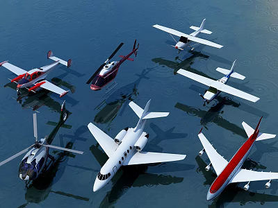 Passenger Plane Among Multiple Aircraft and Helicopters Parked on Water Surface 3d model