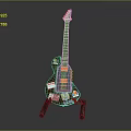 Stylish Guitar With Colorful Stickers On Brown Body And Black Stand