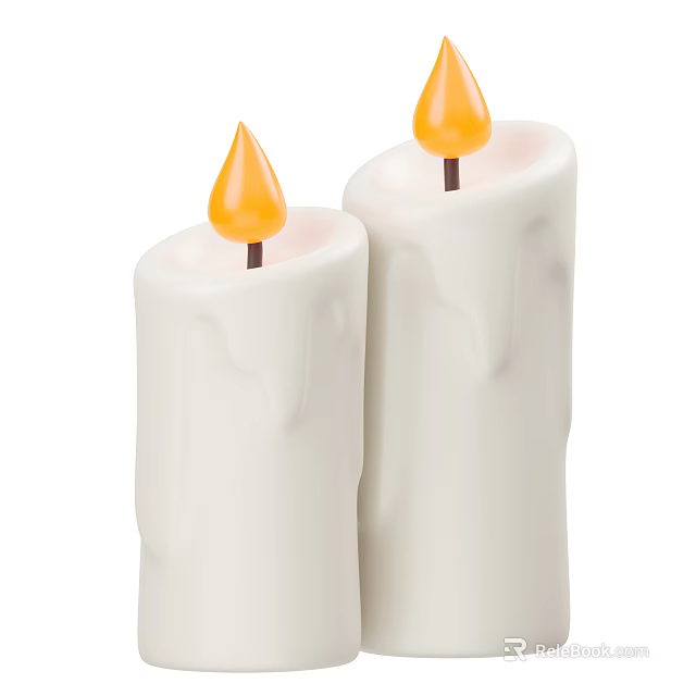 White Candle Decorative Ornament Set With Melting Wax Drips And Yellow Flame Wicks 3d model 