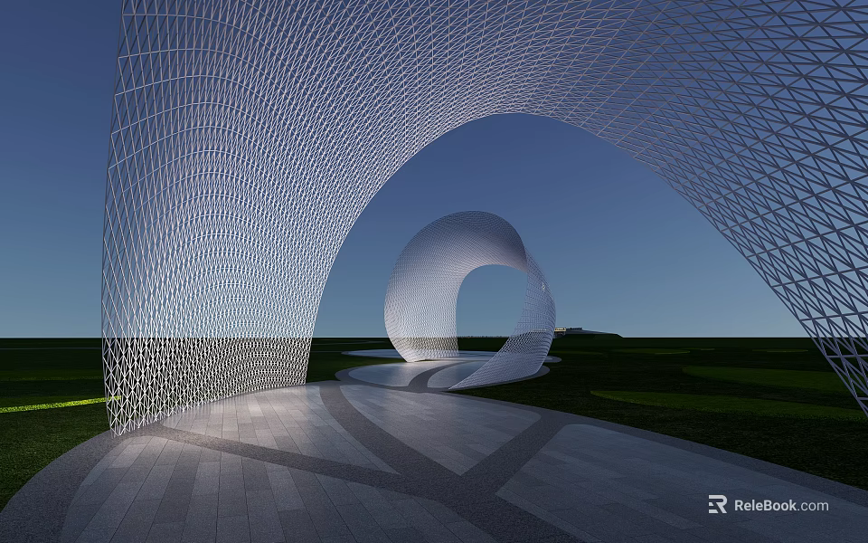 Modern Park Landscape With Lattice Archway Circular Sculpture Green Lawn And Pathway 3d model 