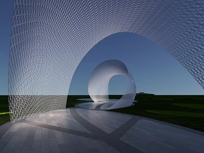 Modern Park Landscape With Lattice Archway Circular Sculpture Green Lawn And Pathway 3d model