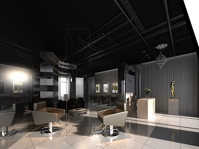 Modern Beauty Salon Interior With Black Ceiling Mirrors Barber Chairs Chandelier And Marble Floor 3d model