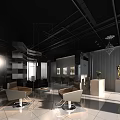 Modern Beauty Salon Interior With Black Ceiling Mirrors Barber Chairs Chandelier And Marble Floor