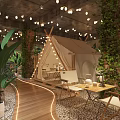 Tent Themed Restaurant Interior With Green Plants String Lights And City Sunset View
