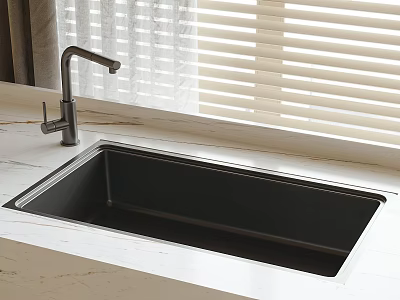 Modern Kitchen Black Sink With Faucet On Marble Countertop Near Window Blinds 3d model