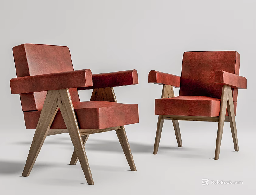 Stylish Red Upholstered Accent Chairs With Wooden Frame And Modern Design 3d model 