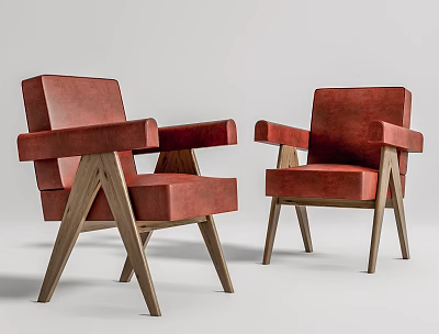 Stylish Red Upholstered Accent Chairs With Wooden Frame And Modern Design 3d model