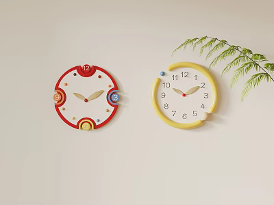 Two Colorful Wall Clocks With Red And Yellow Frames And Green Leaves On Light Background 3d model