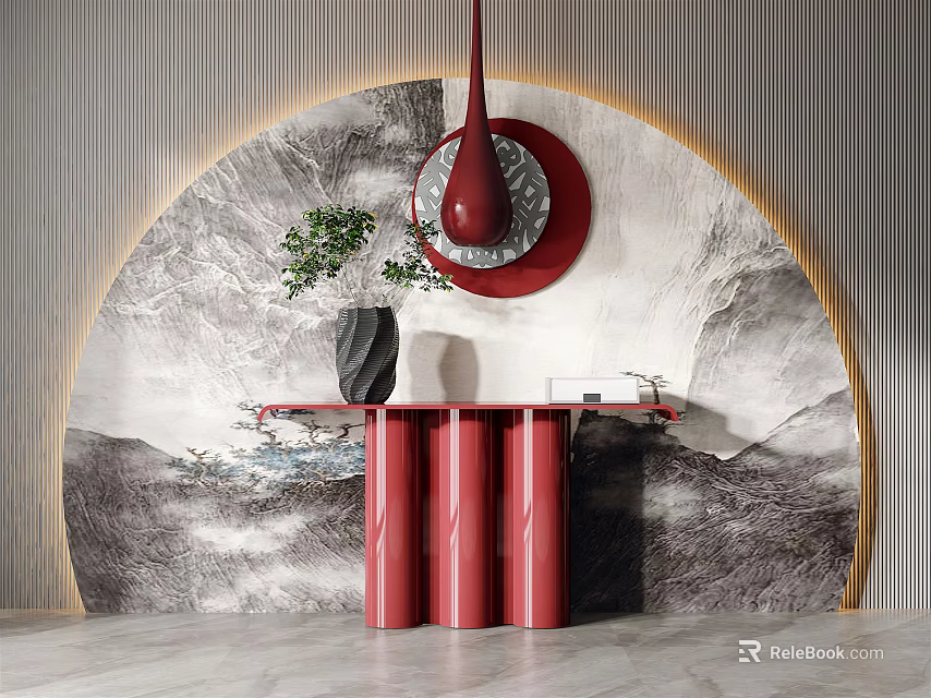 Red Console Table With Green Plant And Red Circular Decor In Mountain Texture Interior 3d model
