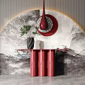 Red Console Table With Green Plant And Red Circular Decor In Mountain Texture Interior 3d model