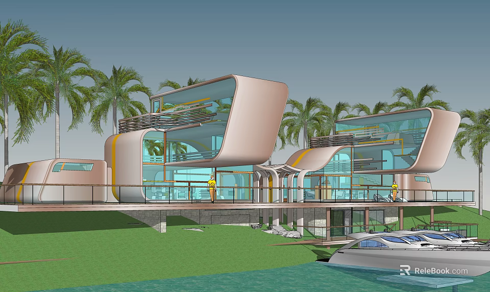 Modern Waterfront Detached Villa With Glass Facade And Palm Trees Surroundings 3d model 