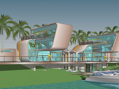 Modern Waterfront Detached Villa With Glass Facade And Palm Trees Surroundings 3d model