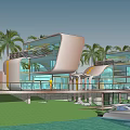 Modern Waterfront Detached Villa With Glass Facade And Palm Trees Surroundings