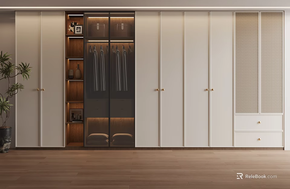 Modern Wardrobe Interior Design With Glass Doors White Panels Hanging Rods And Shelves 3d model 