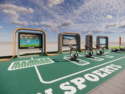 Outdoor Sports Area With Green Surface Digital Screens And Fitness Equipment 3d model