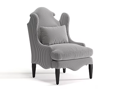 Gray Striped Fabric Armchair With Accent Pillow And Black Wooden Legs 3d model