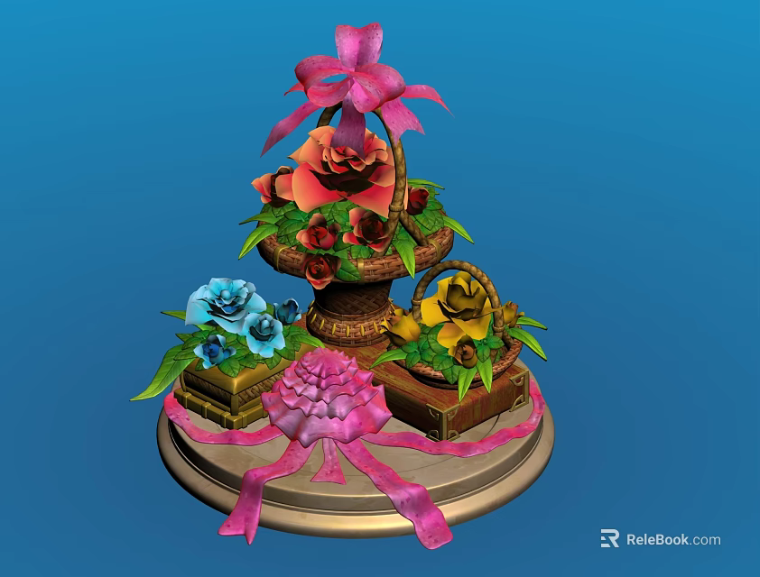 Elegant Multi Tiered Floral Display With Pink Bow Colorful Flowers And Gift Boxes 3d model 