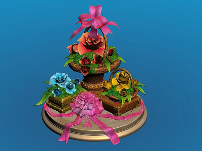 Elegant Multi Tiered Floral Display With Pink Bow Colorful Flowers And Gift Boxes 3d model