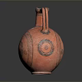 Red Pottery Vase Sculpture With Handle And Circular Carved Patterns
