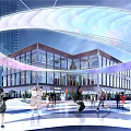 Modern Urban Commercial Landscape With Open Square Pedestrians Trees Glass Buildings And Lighting Installations